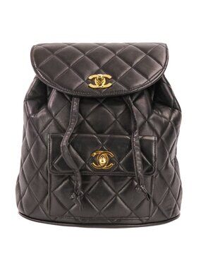Chanel Vintage Quilted Lambskin Chain Shoulder Turnlock Backpack Black Pre Owned